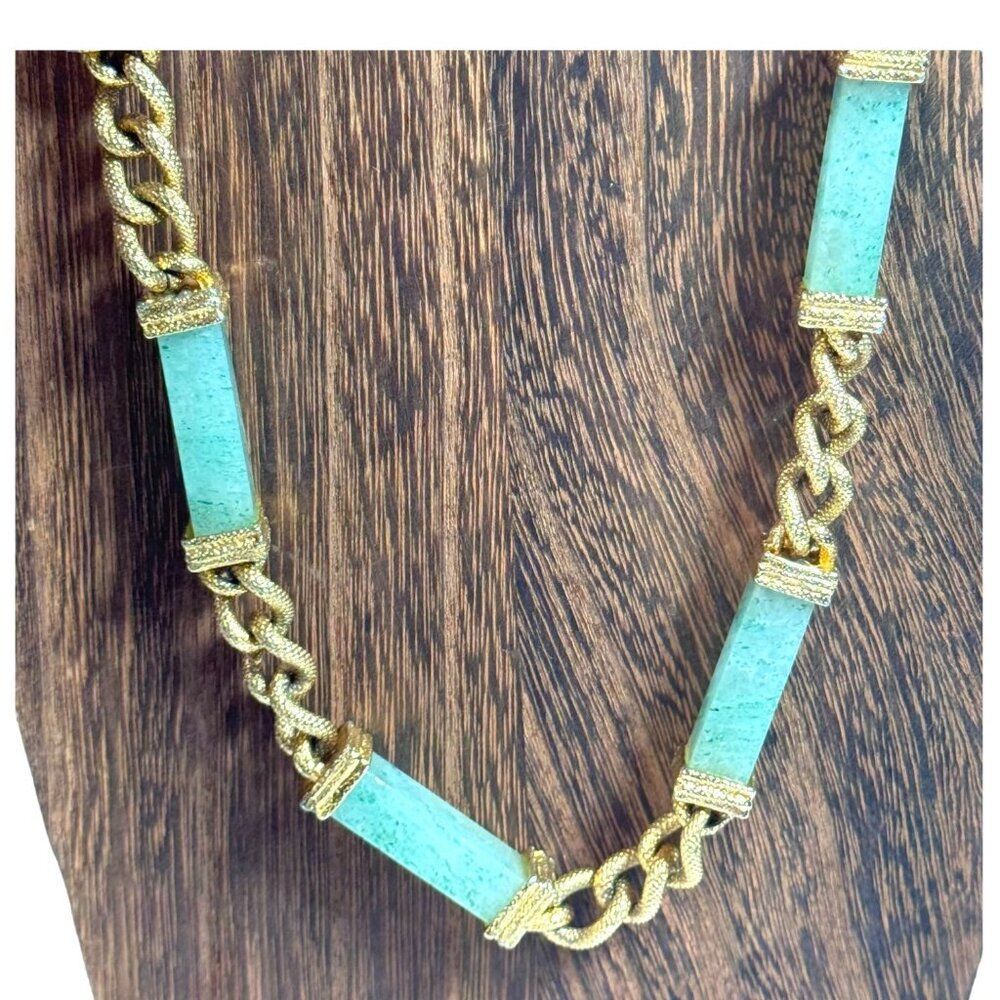 Vintage Gold Chain Necklace Green Jadeite Stone Accents 15" Elegant Jewelry Jade
